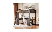 Slickblue Wooden Loft Bed with U-shaped Desk,Storage Compartments and Tri-fold Mirror