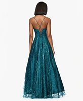 Blondie Nites Juniors' Glitter-Dot Draped-Neck Gown