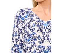 CeCe Women's Floral V-Neck Long-Sleeve Sweater