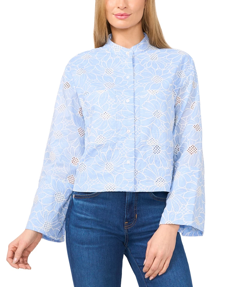 CeCe Women's Floral-Embroidered Wide-Sleeve Shirt