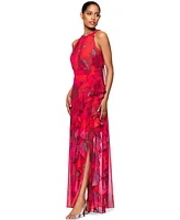 Betsy & Adam Petite Printed Ruffled Halter Gown