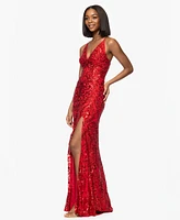 Blondie Nites Juniors' Sequin V-Neck Side-Slit Gown