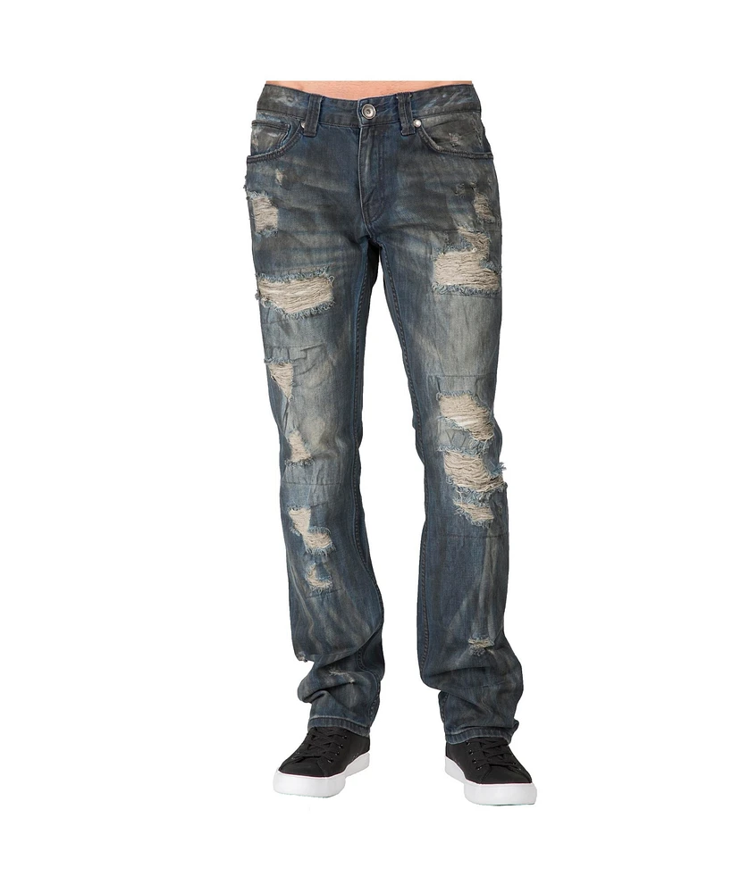 Level 7 Men's Dark Tint Destroyed & Mended Slim Straight Premium Jeans