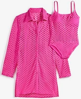 Carmen Marc Valvo Womens Crochet Tunic Swim Cover Up Crochet Scoop Neck One Piece Swimsuit