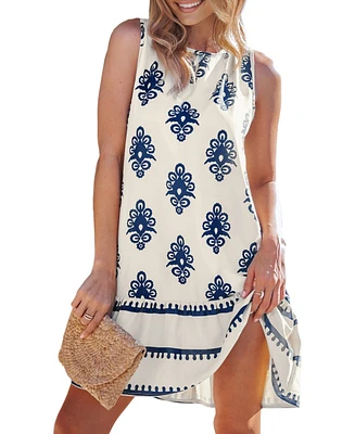 Cupshe Women's Blue Ornate Sleeveless Ruffled Hem Mini Beach Dress