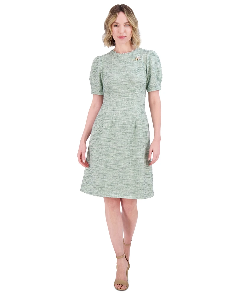 Jessica Howard Petite Tweed Puffed-Sleeve Fit & Flare Dress