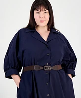 Sandra Darren Plus Button-Down 3/4-Sleeve Belted Dress