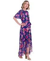 Jessica Howard Petite Floral-Print Belted Flutter-Sleeve Dress