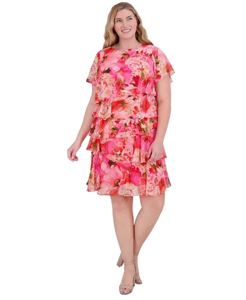 Jessica Howard Plus Chiffon Asymmetrical-Tiered Dress