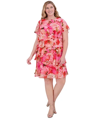 Jessica Howard Plus Chiffon Asymmetrical-Tiered Dress