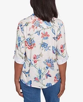 Alfred Dunner Petite Free Spirit Butterfly Button Up Cuffed Sleeve Top