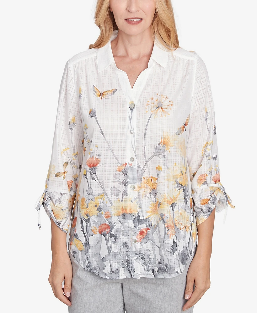 Alfred Dunner Petite Dress Code Button Down Butterfly Floral Top with Necklace