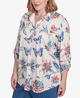 Alfred Dunner Plus Free Spirit Butterfly Button Up Cuffed Sleeve Shirt