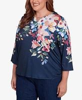 Alfred Dunner Plus Free Spirit Floral Knit Ruched Sleeve Top