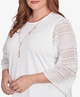 Alfred Dunner Plus Kensington Gardens Solid Lace Sleeve Knit Top with Necklace