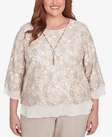 Alfred Dunner Plus Kensington Gardens Floral Lace Woven Trim Top with Necklace