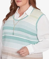 Alfred Dunner Plus Kensington Gardens Striped Vest Collared Two One Sweater with Necklace