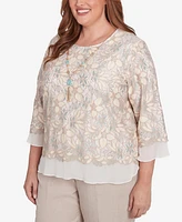 Alfred Dunner Plus Kensington Gardens Floral Lace Woven Trim Top with Necklace