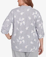 Alfred Dunner Plus Dress Code Flower Embroidered Button Down Striped Top