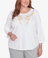 Alfred Dunner Plus Dress Code Linear Knit Floral Embroidered Crew Neck Top