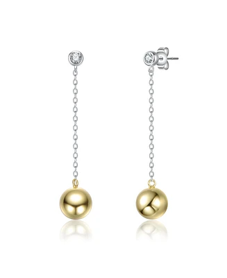 Sterling Silver Two-Tone White Gold Plated & 14K Gold Plated with Clear Cubic Zirconia Sphere Drop Earrings