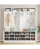 Famapy 63 in. W White Wood 3-in-1 Hall Tree Coat Rack Shoe Storage Bench with 6-Metal Double Hooks, Shoe Rack and Shelves