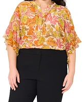 Vince Camuto Plus Floral-Print Ruffled-Sleeve Split-Neck Blouse