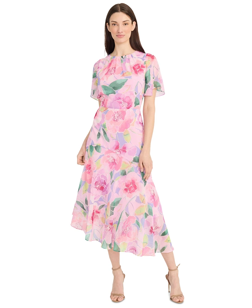 Maggy London Women's Floral-Print Flutter-Sleeve Maxi Dress