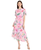 Maggy London Women's Floral-Print Flutter-Sleeve Maxi Dress