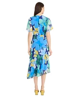 Maggy London Women's Flutter-Sleeve Floral-Print Asymmetrical Dress