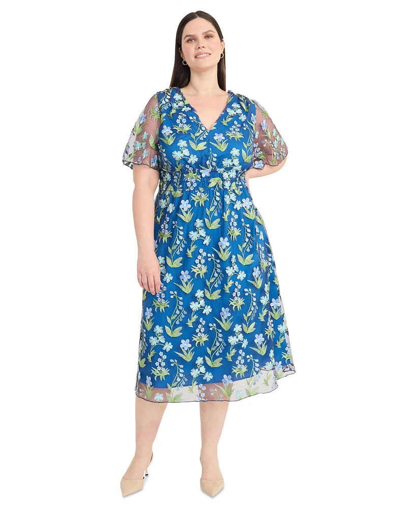 Maggy London Plus Chiffon Embroidered Flutter-Sleeve Dress