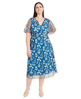 Maggy London Plus Chiffon Embroidered Flutter-Sleeve Dress