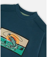 Deux par Toddler Boys Pullover French Terry Graphic Sweatshirt Teal And Peach - Toddler|Child