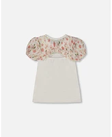 Deux par Big Girls Bi-Material Organic Cotton Top With Puff Sleeve Pink Flowers On Cream Background