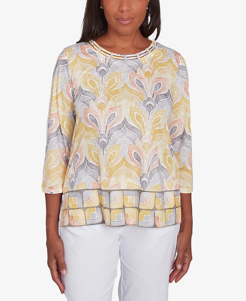 Alfred Dunner Petite Dress Code Geometric Medallion Crewneck Top