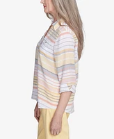 Alfred Dunner Petite Dress Code Button Down Striped Cuffed Sleeve Top