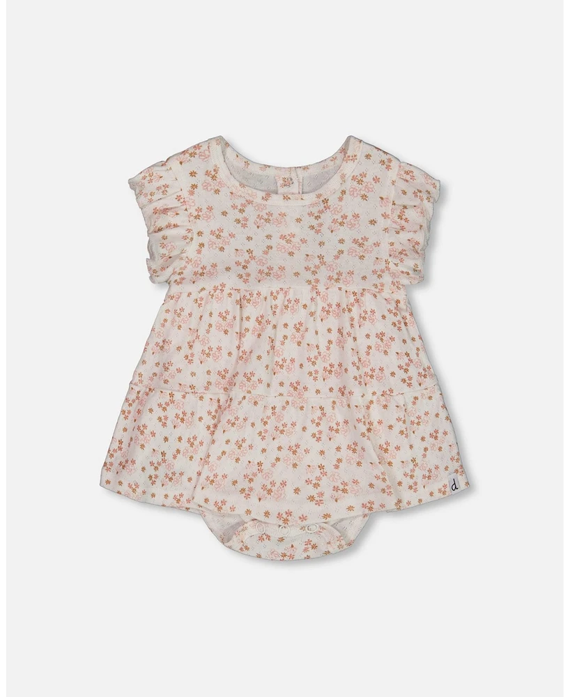 Deux par Baby Girls Organic Cotton Pointelle Romper Printed White And Pink Flowers