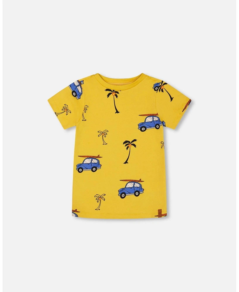 Deux par Deux Big Boys Printed Organic Cotton Tee Yellow And Blue Car