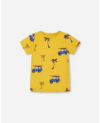 Deux par Big Boys Printed Organic Cotton Tee Yellow And Blue Car