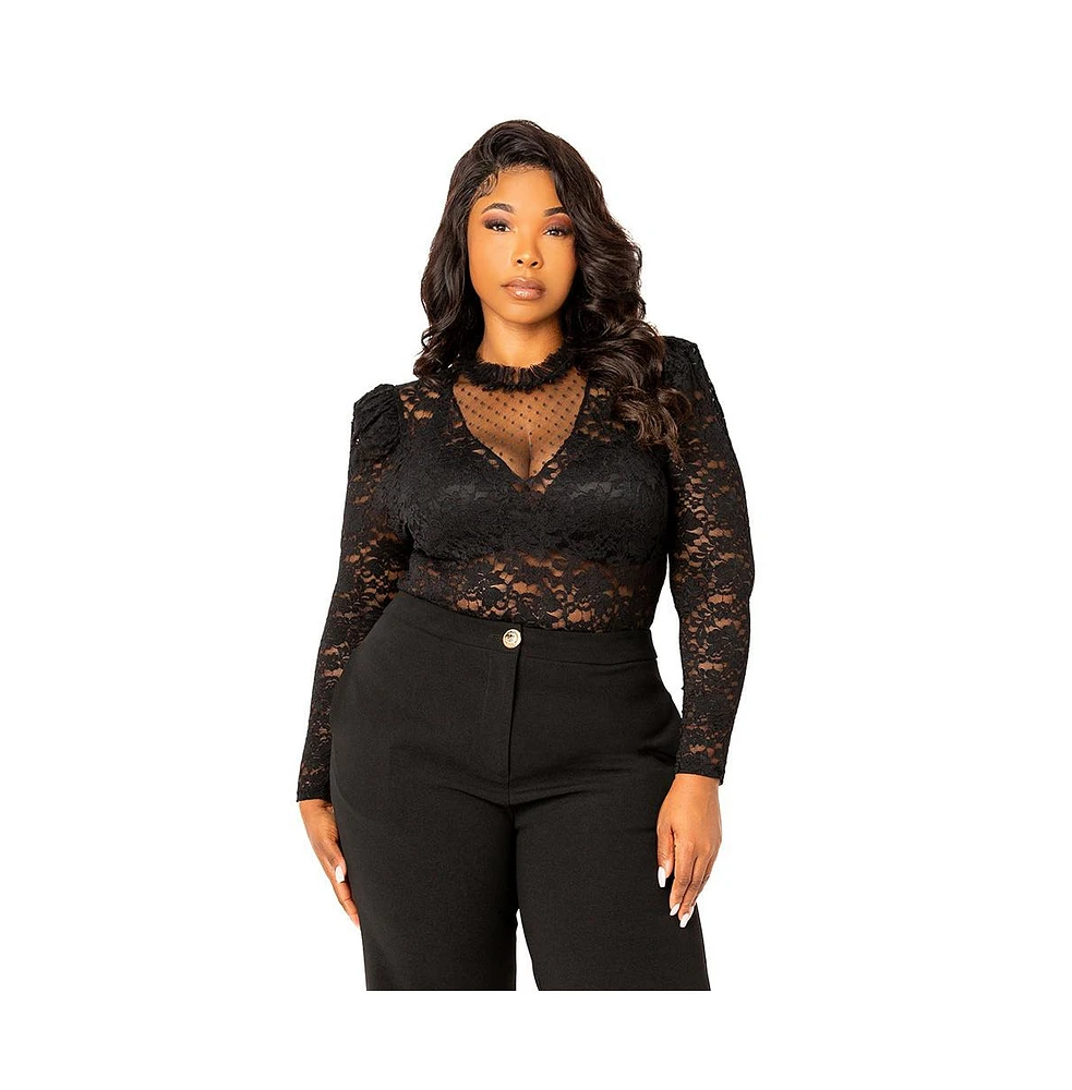 Buxom Couture Women's Plus Long Sleeve Lace Bodysuit