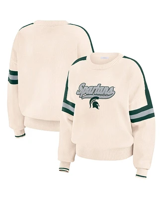 Wear by Erin Andrews Women's Cream Michigan State Spartans Chenille Woven Patch Stripe Pullover Sweater