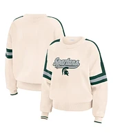 Wear by Erin Andrews Women's Cream Michigan State Spartans Chenille Woven Patch Stripe Pullover Sweater