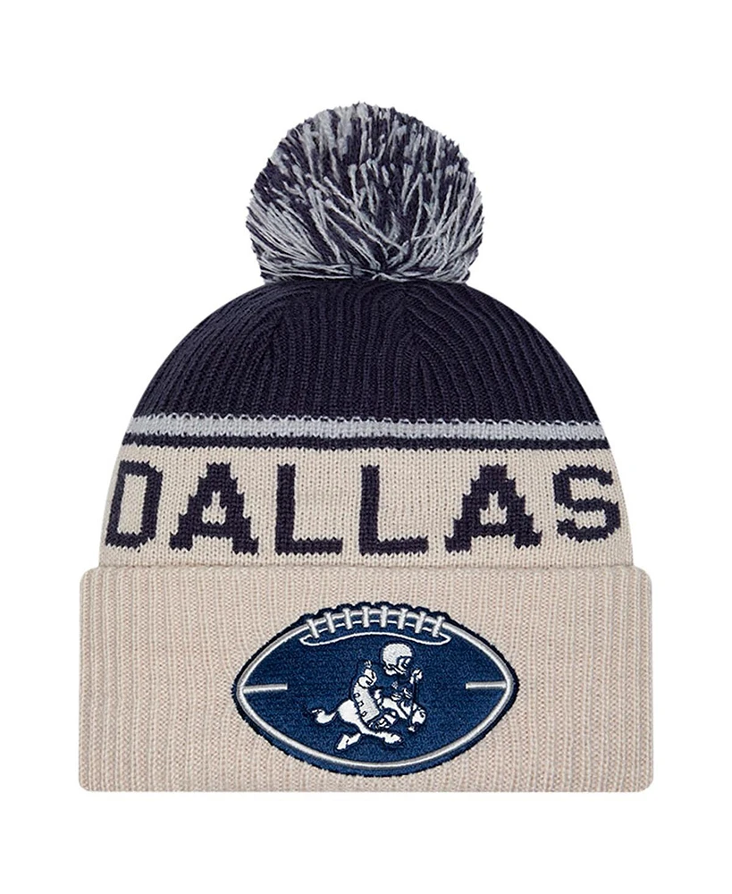 New Era Men's Stone/Navy Dallas Cowboys Nfl Sideline Historic Cuffed Knit Hat with Pom