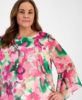 Kasper Plus Floral-Print Bell-Sleeve Blouse