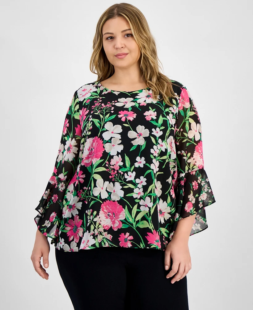 Kasper Plus Floral-Print Ruffle-Sleeve Blouse