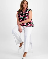 Kasper Plus Size Floral Cowlneck Cap-Sleeve Top