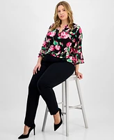 Kasper Plus Floral-Print Flutter-Sleeve Top