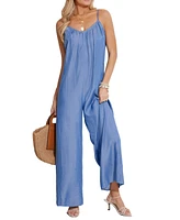 Women's Blue V-Neck Vide Leg Jumpsuit