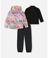 Deux par Big Girls 3-In-1 Mid-Season Outerwear Set With Printed Jacket Black And Multicolored Flowers