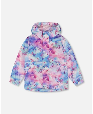 Deux par Girls Printed Packable Windbreaker Butterflies On Multicolored Background